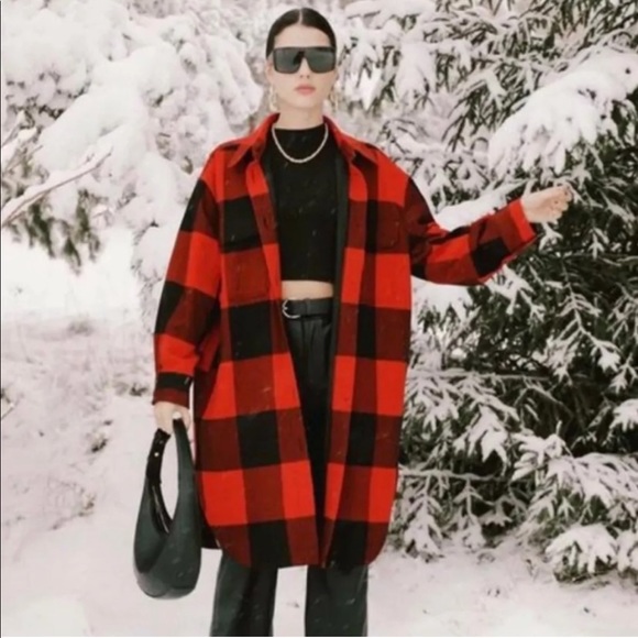 H&M Jackets & Blazers - 03. H&M Buffalo Red Black Checkered Plaid Long Shirt Jacket Shacket Blogger Fave
